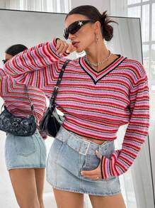 SHEIN Essnce 條紋圖案落肩袖套頭毛衣 - 彩色 - 查看 5