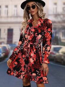 EMERY ROSE Floral Print Flounce Sleeve Belted Dress Fall Cloth For Women - Multicolor - View 6