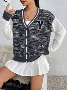 SHEIN LUNE Letter Patched Striped Trim Drop Shoulder Cardigan Fall Cloth For Women - Multicolor - View 1