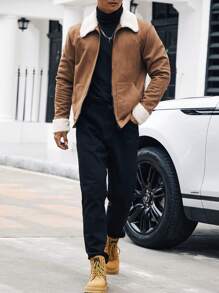 Manfinity Homme Men Borg Collar Zip Up Jacket - Coffee Brown - View 4