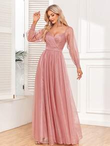 Cổ Trái tim Tay áo lồng đèn Lưới Đầm vũ hội - Bụi hồng - Xem 4