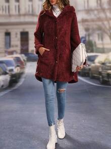 SHEIN LUNE Button Front Hooded Teddy Coat - Burgundy - View 4