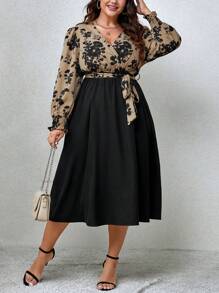 SHEIN Unity Cộng thêm váy thắt lưng tay loe in hoa - Nhiều màu - Xem 1