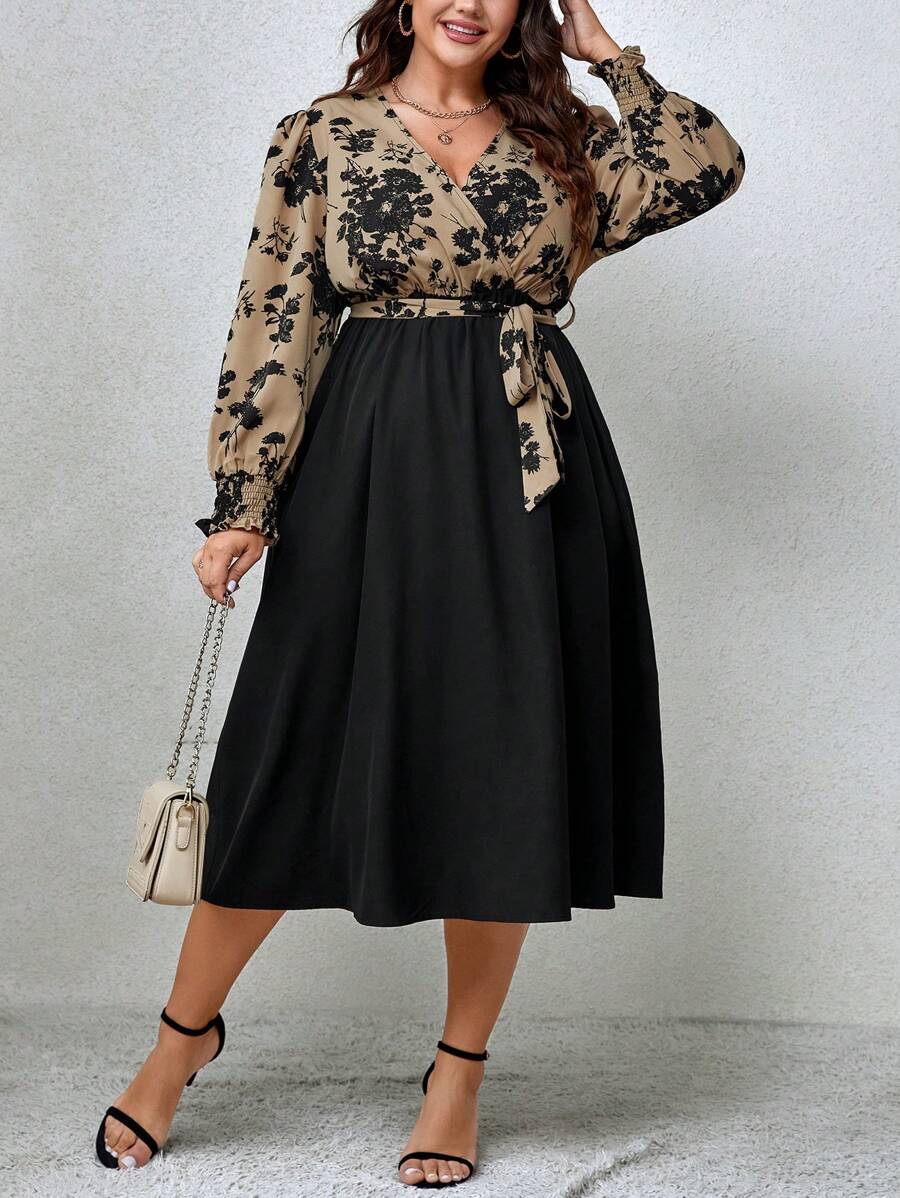 SHEIN Unity Cộng thêm váy thắt lưng tay loe in hoa - Nhiều màu - Xem 1