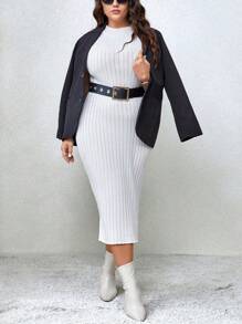 SHEIN Unity Plus Solid Ribbed Knit Sweater Dress - White - View 6