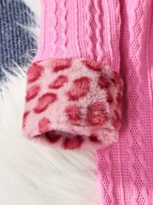 SHEIN Tween Girl Contrast Leopard Pattern Borg Collar Fuzzy Cuff Dress - Berwarna merah muda - View 3