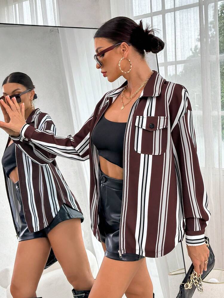 Striped Print Drop Shoulder Flap Pocket Shirt