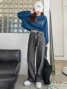 DAZY Snow Washed Straight Leg Jeans - Dark Grey - View 5