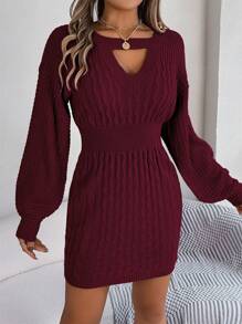 Women Hollow-Out Crew Neck Casual Waist Cinched Long Sleeve Pullover Mini Sweater Dress, Autumn & Winter - Burgundy - View 2
