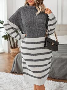 Calvaya 大碼條紋圖案落肩袖毛衣洋裝