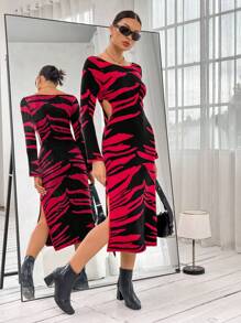 SHEIN Privé Graphic Pattern Cut Out Waist Split Thigh Sweater Dress - Multicolor - View 1