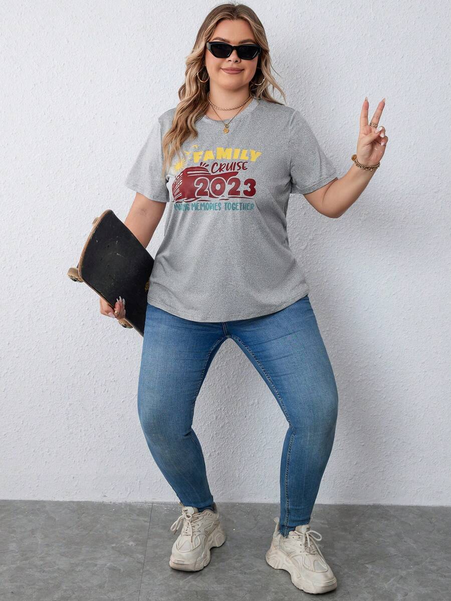 Talla grande Camiseta con estampado de letra - Gris Claro - Ver 1