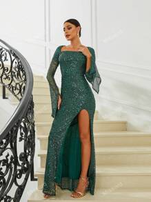 Missord Square Neck Split Thigh Sequin Formal Dress