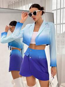 SHEIN Essnce Ombre Single Button Crop Blazer & Flap Detail Skirt - Multicolor - View 1