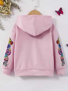 SHEIN Young Girl Slogan & Butterfly Print Kangaroo Pocket Sweatshirt - Multicolor - View 2