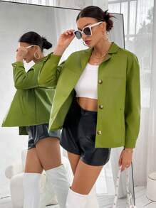 SHEIN Essnce 西裝領落肩袖前紐扣PU皮革外套 - 橄欖綠 - 查看 4