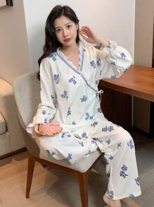 DAZY Bộ đồ ngủ ren viền họa tiết hoa tương phản thắt nút bên hông Bộ đồ ngủ màu trắng, Quần áo mùa thu - trắng - Xem 3