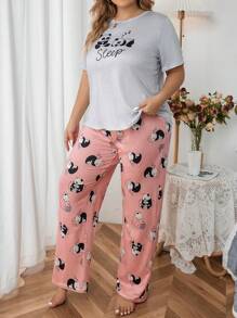 Talla grande Conjunto de pijama con estampado de slogan y dibujos animados - Multicolor - Ver 4