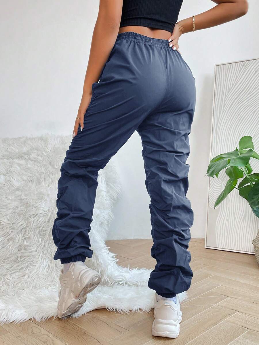 SHEIN PETITE Chất rắn Eo đàn hồi Quần - Màu xanh hải quân - Xem 1