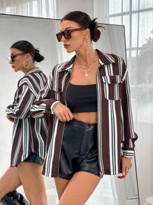 SHEIN Essnce 條紋印花落肩袖翻蓋口袋襯衫 - 彩色 - 查看 1