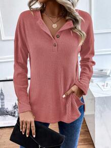 SHEIN LUNE Áo thun dệt kim sườn trễ vai nửa nút - Hồng - Xem 4