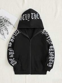 SHEIN 少女字母图案拉链插肩袖卫衣，秋冬季 - 黑色 - 查看 1