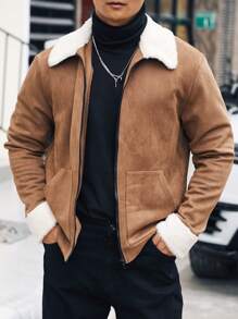 Manfinity Homme Men Borg Collar Zip Up Jacket - Coffee Brown - View 7