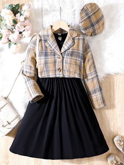 Tween Girl Flare Hem Dress & Plaid Print Jacket & Hat