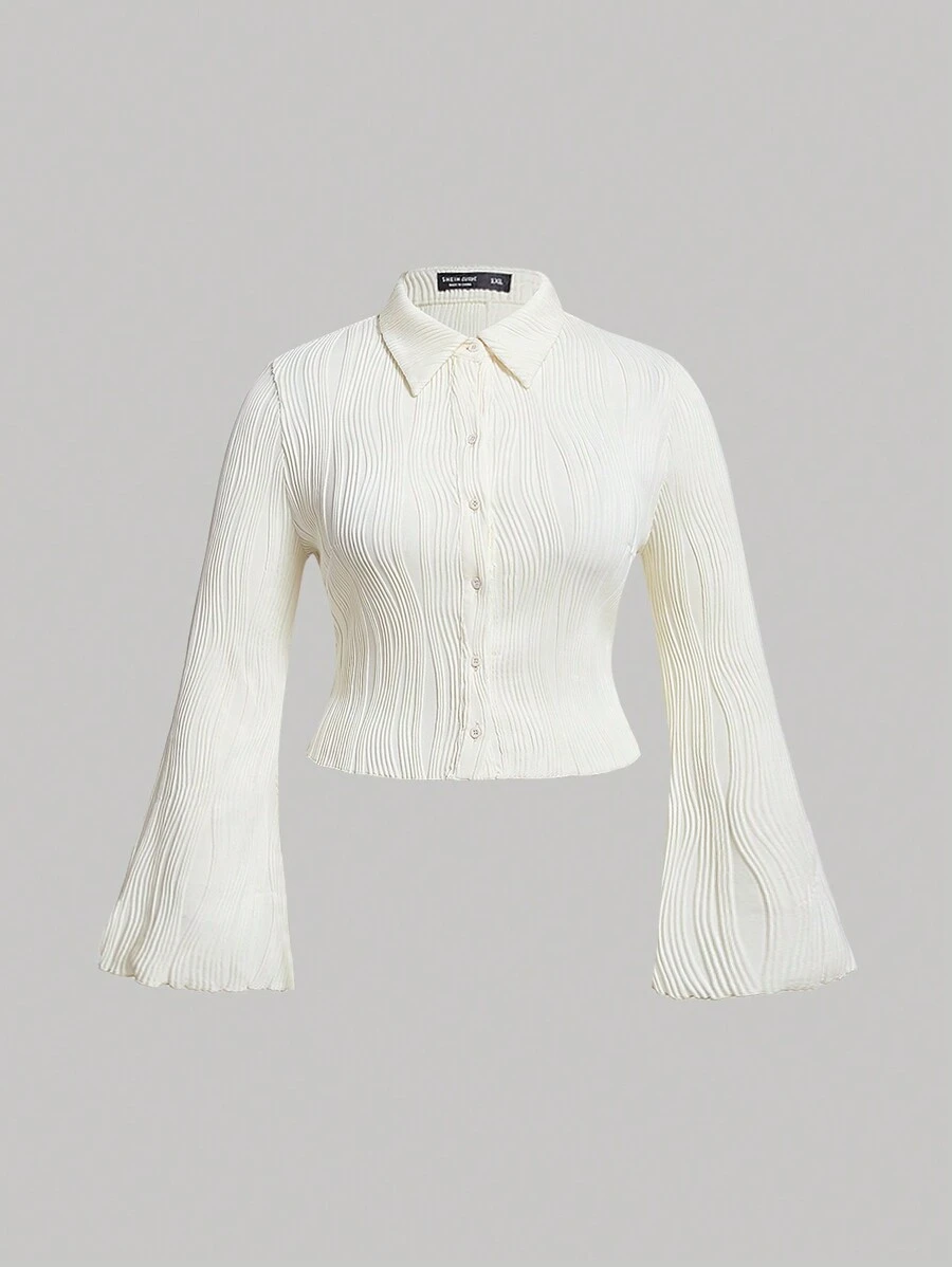 SHEIN MOD 大碼木耳邊前紐扣T恤 - 杏色 - 查看 1