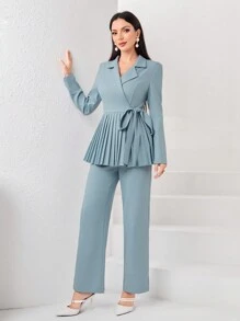 Modelyn 西裝領百褶下擺腰帶上衣和褲子 - 藍色 - 查看 1