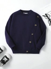 SHEIN Trẻ Con trai Chi tiết Nút Áo len - Màu xanh hải quân - Xem 2