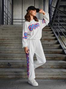 RueChic Teen Girl Letter Graphic Drop Shoulder Hoodie & Sweatpants - White - View 3