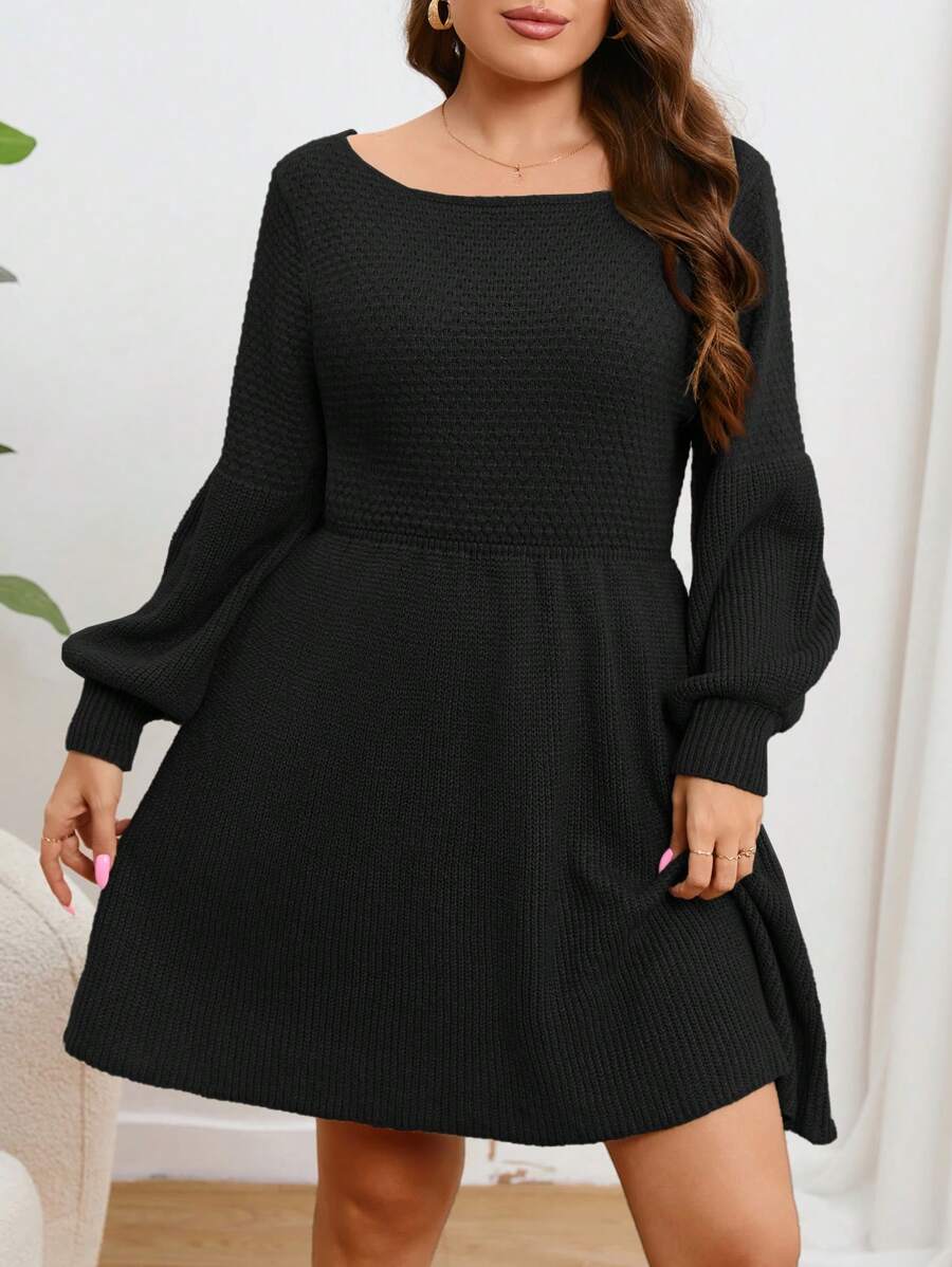 SHEIN Privé 秋冬纯色灯笼袖A字连衣裙 - 黑色 - 查看 1