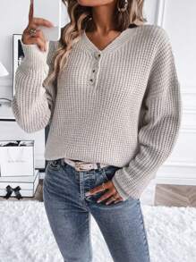 SHEIN Essnce Jersey con botón de hombros caídos tejido de canalé - Albaricoque - Ver 3