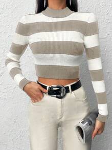 Two Tone Mock Neck Crop Sweater