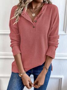 SHEIN LUNE Áo thun dệt kim sườn trễ vai nửa nút - Hồng - Xem 1