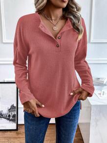 SHEIN LUNE Áo thun dệt kim sườn trễ vai nửa nút - Hồng - Xem 6