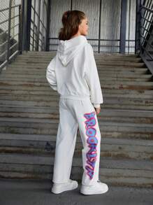 RueChic Teen Girl Letter Graphic Drop Shoulder Hoodie & Sweatpants - White - View 2
