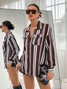 SHEIN Essnce 條紋印花落肩袖翻蓋口袋襯衫 - 彩色 - 查看 4