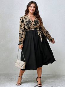 SHEIN Unity Cộng thêm váy thắt lưng tay loe in hoa - Nhiều màu - Xem 5