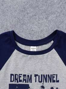SHEIN Teen Girl Building & Slogan Graphic Raglan Sleeve Tee - Navy Blue - View 3