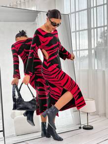 SHEIN Privé Graphic Pattern Cut Out Waist Split Thigh Sweater Dress - Multicolor - View 5