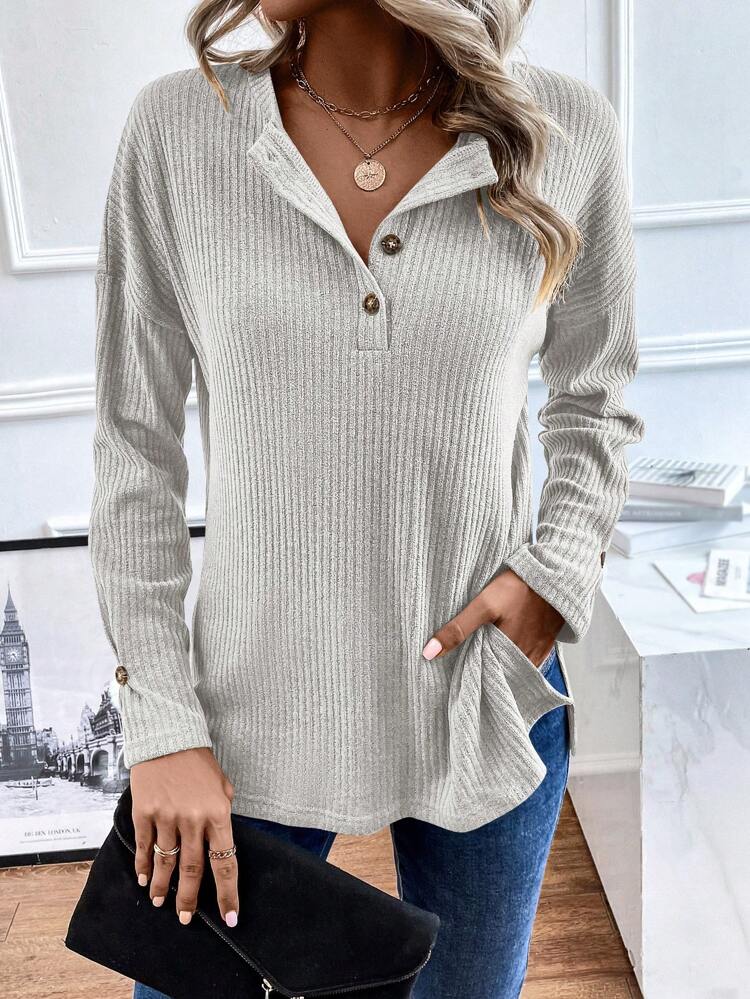Half Button Drop Shoulder Ribbed Knit Tee Fall Cloth For Women