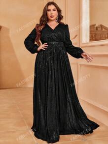 Faeriesty Plus Surplice Neck Lantern Sleeve Sequin Formal Dress Black Elegant Long Sleeve Prom Evening Wedding Guest Gown, For Graduation, Dinner Party Dress