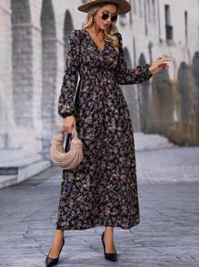 SHEIN LUNE Allover Floral Print Lantern Sleeve Dress Maxi Women Outfit Fall Cloth For Women - Multicolor - View 6