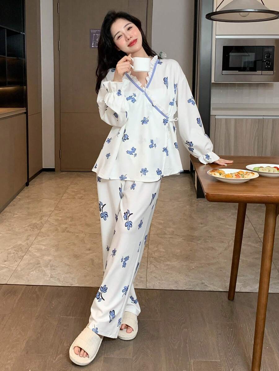 DAZY Bộ đồ ngủ ren viền họa tiết hoa tương phản thắt nút bên hông Bộ đồ ngủ màu trắng, Quần áo mùa thu - trắng - Xem 1