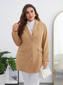 SHEIN Clasi 大碼西裝領翻蓋細節前紐扣花呢外套 - 駝色 - 查看 4