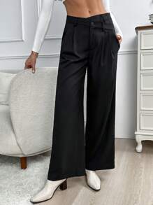 SHEIN Essnce Solid Wide Leg Suit Pants - Black - View 6