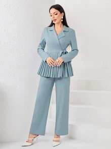 Modelyn 西裝領百褶下擺腰帶上衣和褲子 - 藍色 - 查看 5