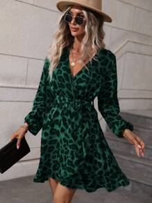 SHEIN LUNE In hoa Báo Tay áo lồng đèn Viền Ruffle Bọc Váy có thắt lưng - Màu xanh lá cây đậm - Xem 4